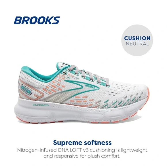 Brooks Glycerin 20 Womens Running Shoes Cushion Breathable White Blue